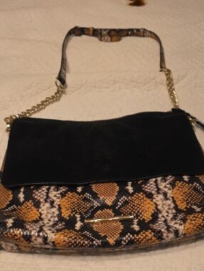 Elaine Turner Black Suede & Mustard Snake-Print Shoulder Bag